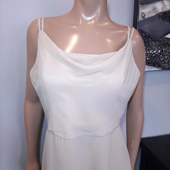 Bella Formals Nude Draped Neck Beaded Waist A-Line Prom Wedding Dress - Picture 2 of 16